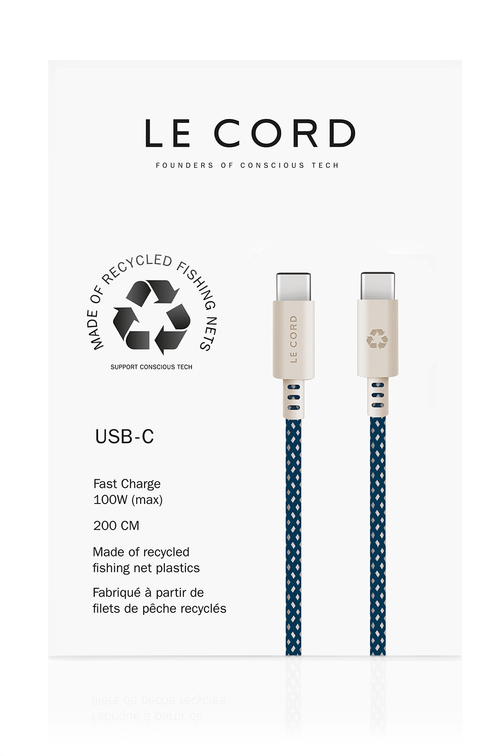 USB Sea Blue · Type C · 100W · 2 meter · Made in Sweden by LE CORD(Recycled Plastic)
